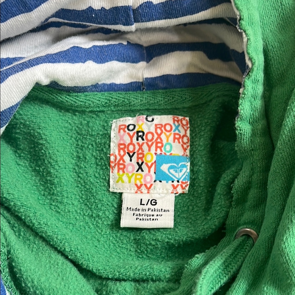 Roxy Vibrant Green Hoodie with Blue Striped Lining size Large - Picture 2 of 7